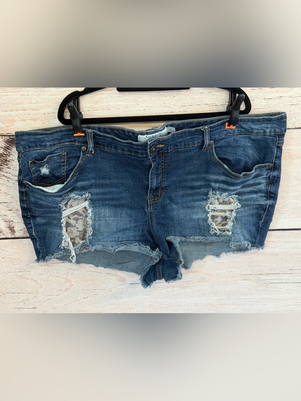 Torrid Dark Wash Distressed Denim Shorts with Lace Panels